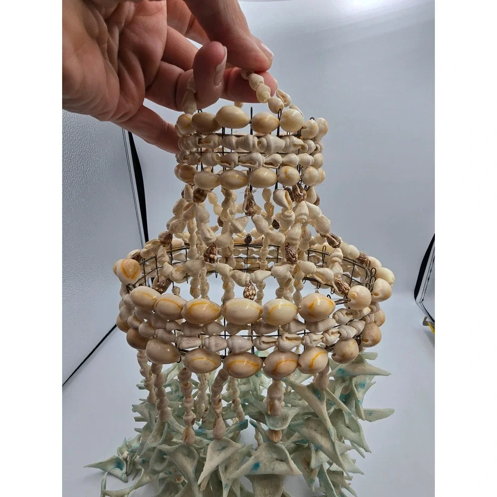 Seashell Wind Chime Hanging Mobile OS White Blue Good Coastal Boho